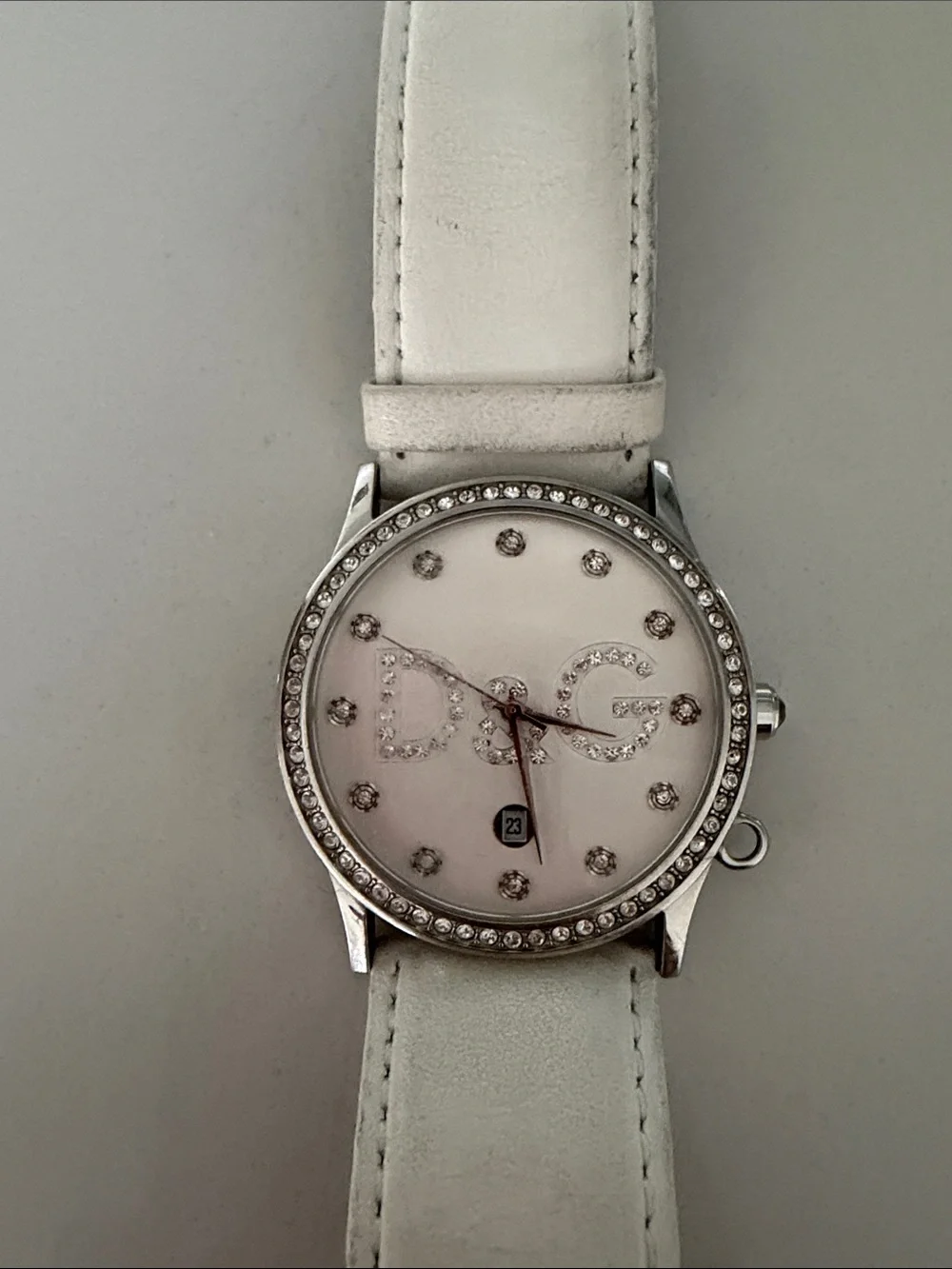 Dolce & Gabbana White Leather Strap Crystal Logo Watch